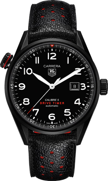 Tag Heuer Carrera Calibre Drive Timer Black Dial Black Leather