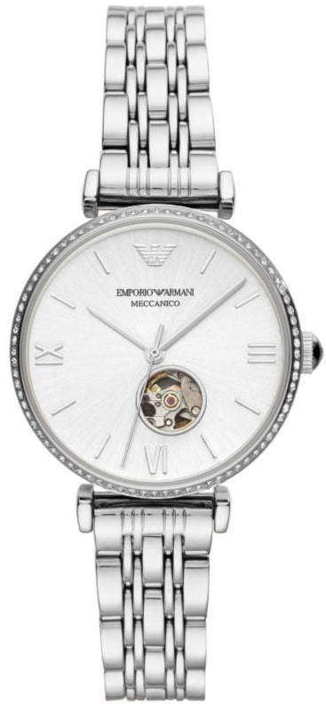 Emporio Armani Gianni T-Bar Automatic Silver Dial Silver Steel Strap Watch For Women - AR60022