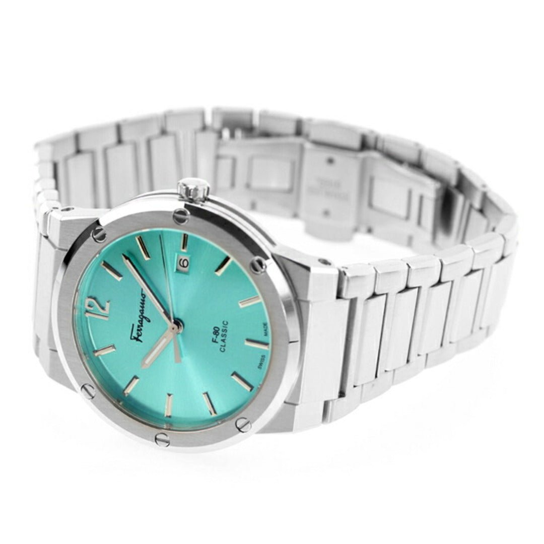 Salvatore Ferragamo F-80 Classic Tiffany Blue Dial Silver Steel Strap Watch for Men - SFDT02323