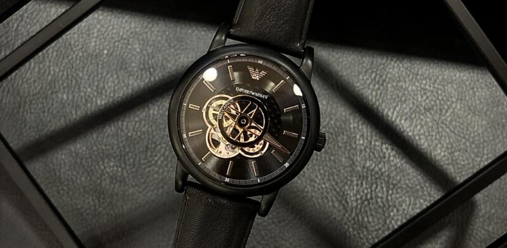 Emporio Armani Luigi Automatic Skeleton Black Dial Black Leather Strap Watch For Men - AR60012