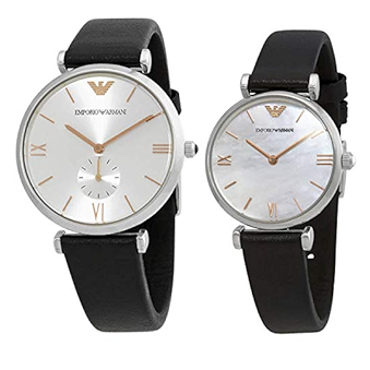 Emporio Armani Gianni T Bar Mother of Pearl Dial Black Leather Strap Watch For Women - AR90002