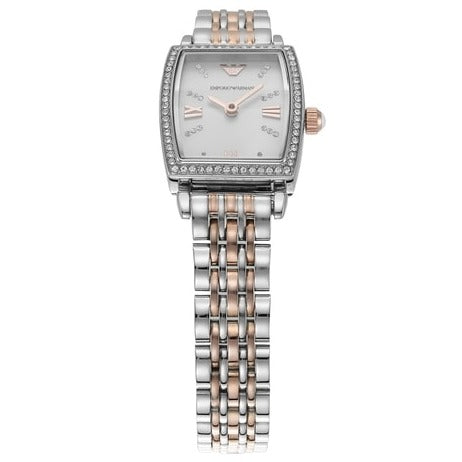 Emporio Armani Gianni T Bar White Mother Of Pearl Dial Two Tone Steel Strap Watch For Women - AR11519