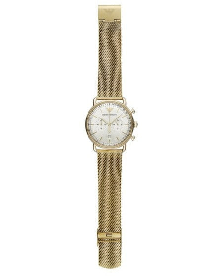 Emporio Armani Aviator Chronograph Quartz Beige Dial Gold Mesh Bracelet Watch For Men - AR11315