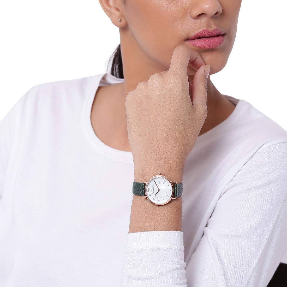 Emporio Armani Mother of Pearl Dial Green Leather Strap Watch For Women - AR11150