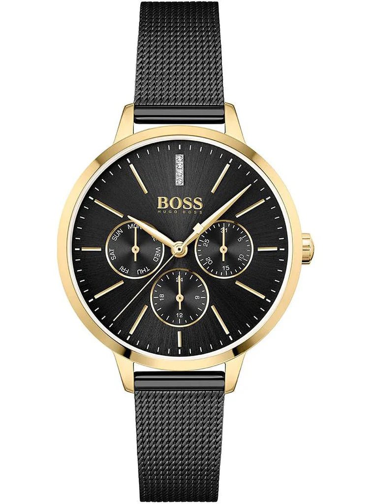 Hugo Boss Damen-Armbanduhr Symphony in Goldtönen und schwarzem Mesh-Armband 1502601