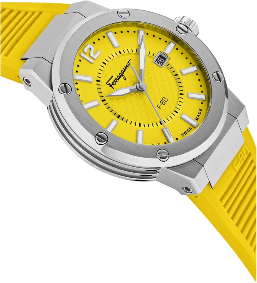 Salvatore Ferragamo F-80 Quartz Yellow Dial Yellow Rubber Strap Watch for Men - SFHY01222