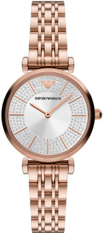 Emporio Armani Gianni T-Bar Crystals Silver Dial Rose Gold Steel Strap Watch For Women - AR11446
