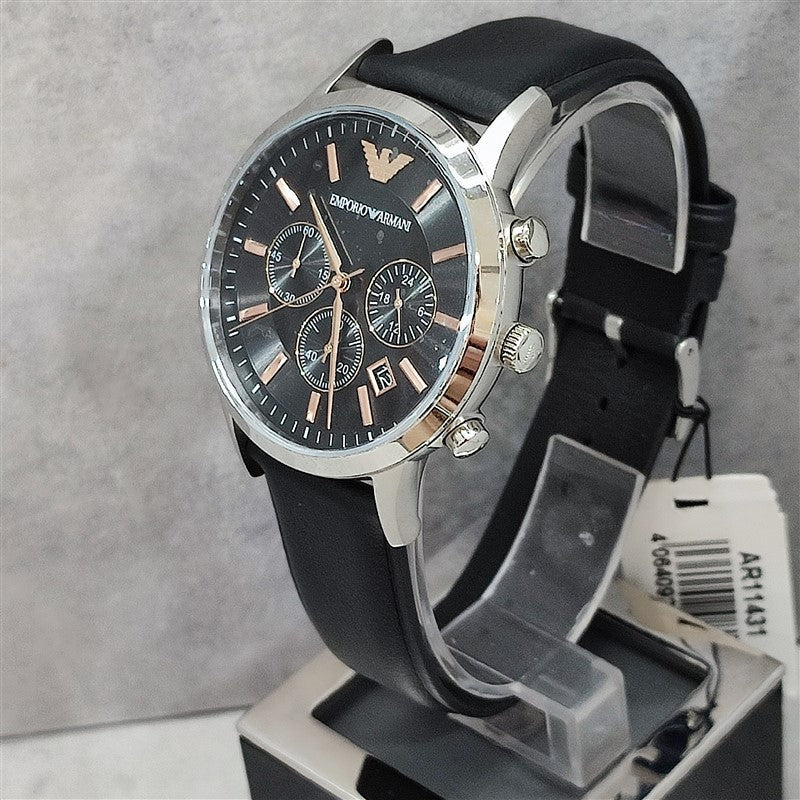 Emporio Armani Giovanni Chronograph Black Dial Black Leather Strap Watch For Men - AR11431