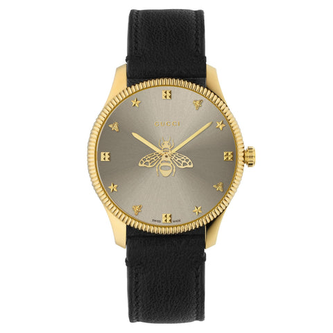 Gucci G-Timeless Ladies' Gold Tone Black Leather Quartz Watch - YA1264181