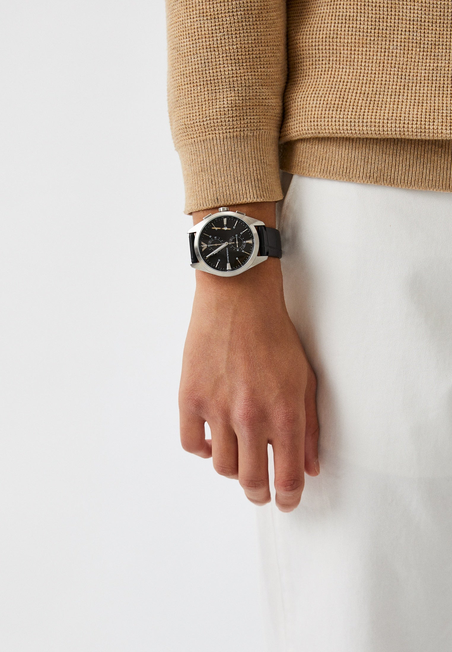 Emporio Armani Claudio Chronograph Black Dial Black Leather Strap Watch For Men - AR11542