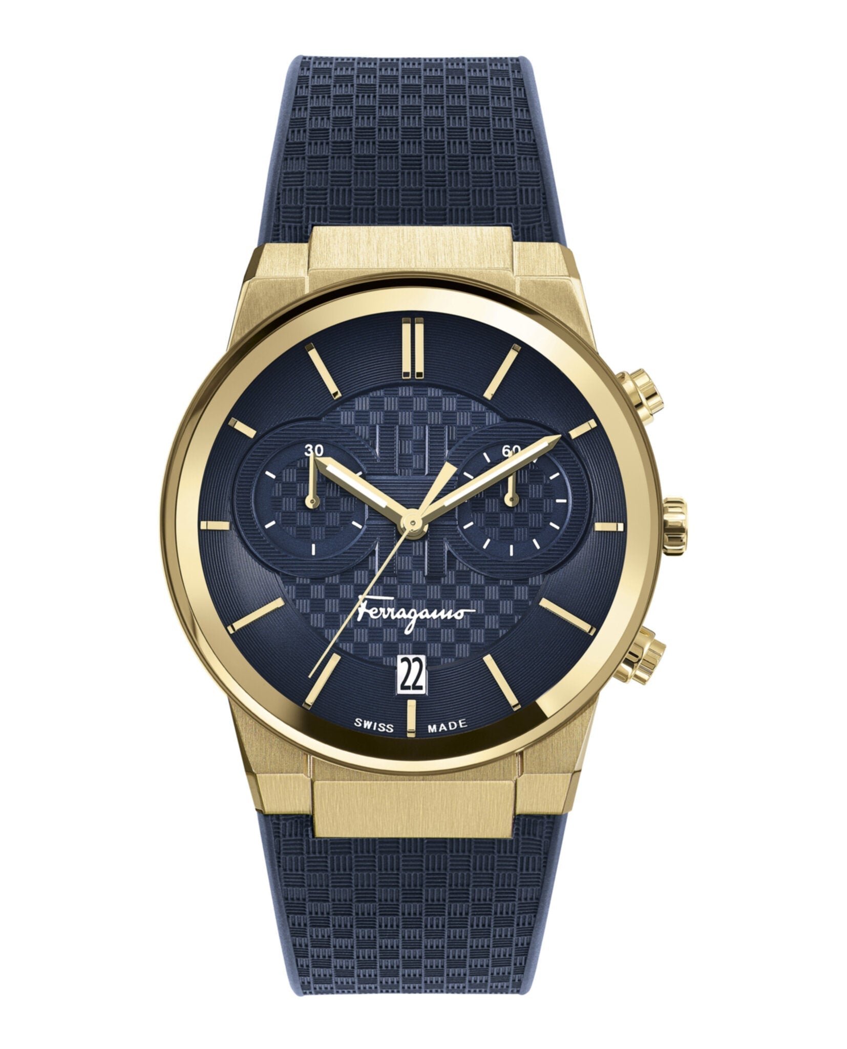 Ferragamo Blue Dial Chronograph Watch Sapphire Glass, Gold Case