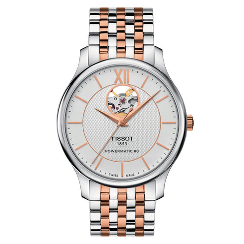 Tissot Men's Watch Tradition Powermatic 80 Open Heart Gold Rose Silver T0639072203801