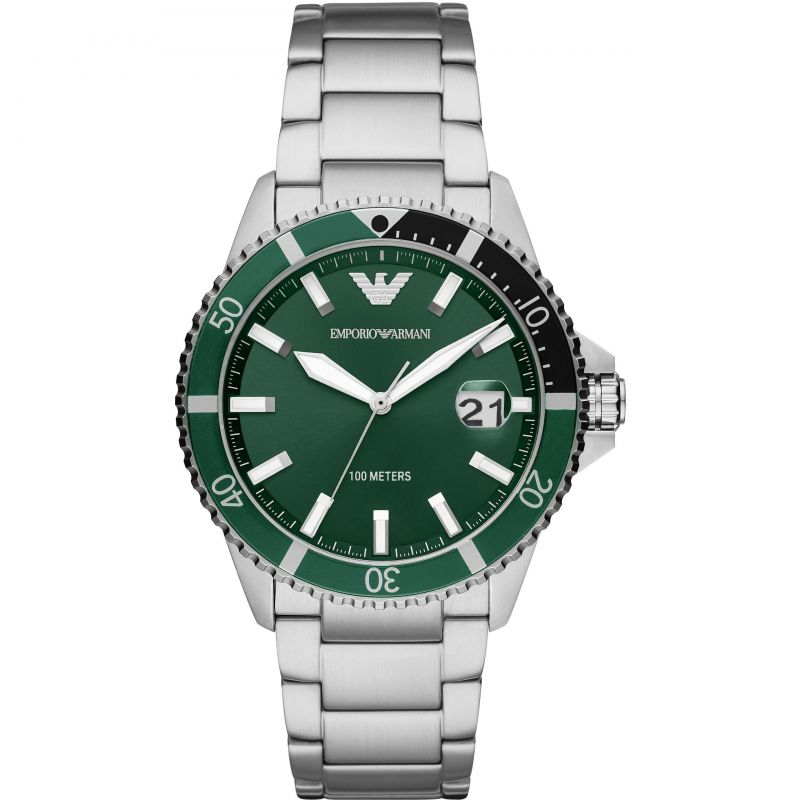 Emporio Armani AR11338 Men's Green Dial Diver Stainless Steel Watch