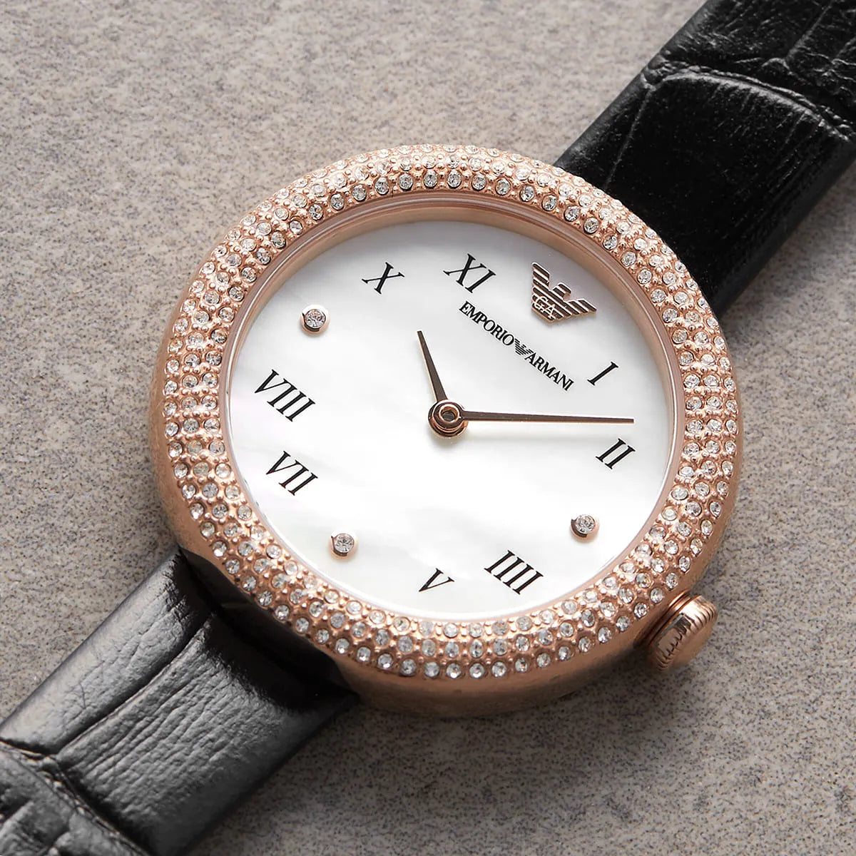 Emporio Armani Rosa Quartz Mother Of Pearl White Dial Black Leather Strap Watch For Women - AR11356