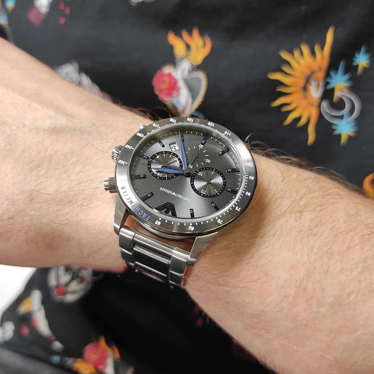 Emporio Armani Chronograph Grey Dial Two Tone Steel Strap Watch For Men - AR11391