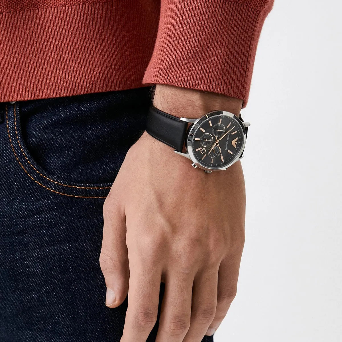 Emporio Armani Giovanni Chronograph Black Dial Black Leather Strap Watch For Men - AR11431