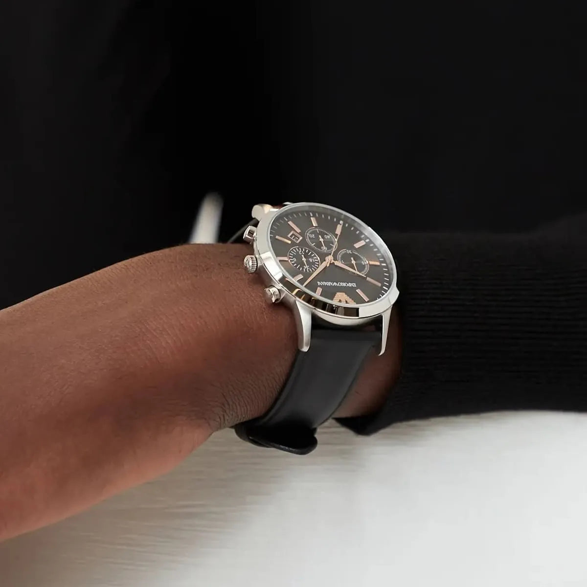 Emporio Armani Giovanni Chronograph Black Dial Black Leather Strap Watch For Men - AR11431