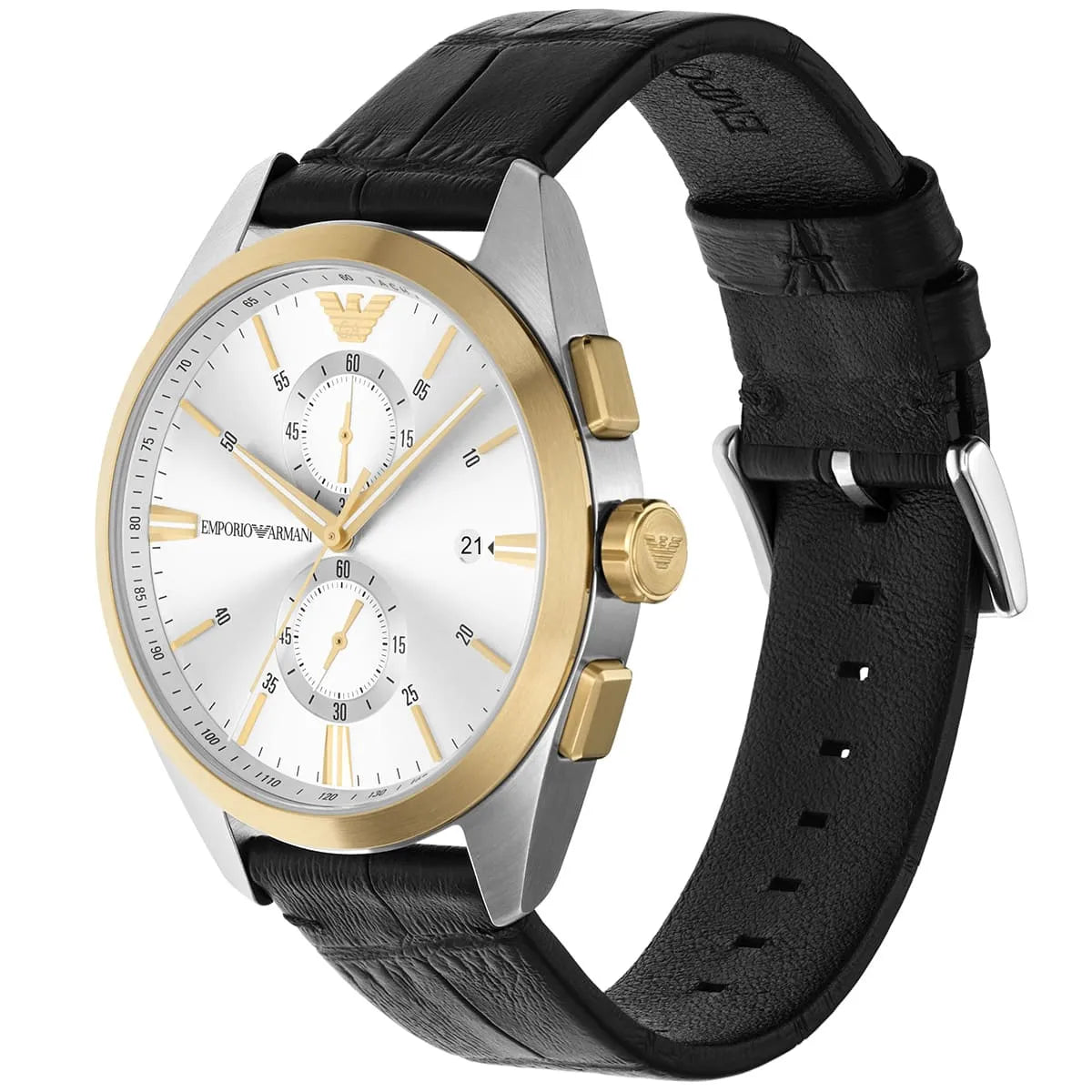 Emporio Armani Claudio Chronograph Silver Dial Black Leather Strap Watch For Men - AR11498