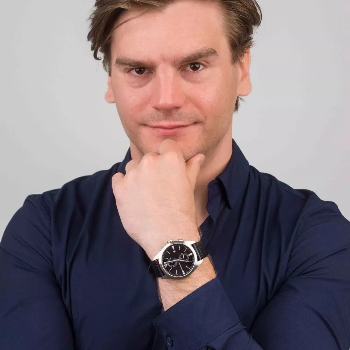 Emporio Armani Claudio Chronograph Black Dial Black Leather Strap Watch For Men - AR11542