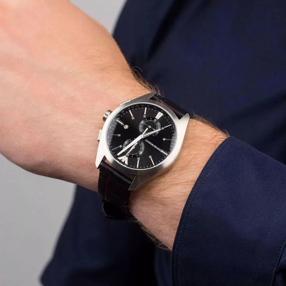 Emporio Armani Claudio Chronograph Black Dial Black Leather Strap Watch For Men - AR11542