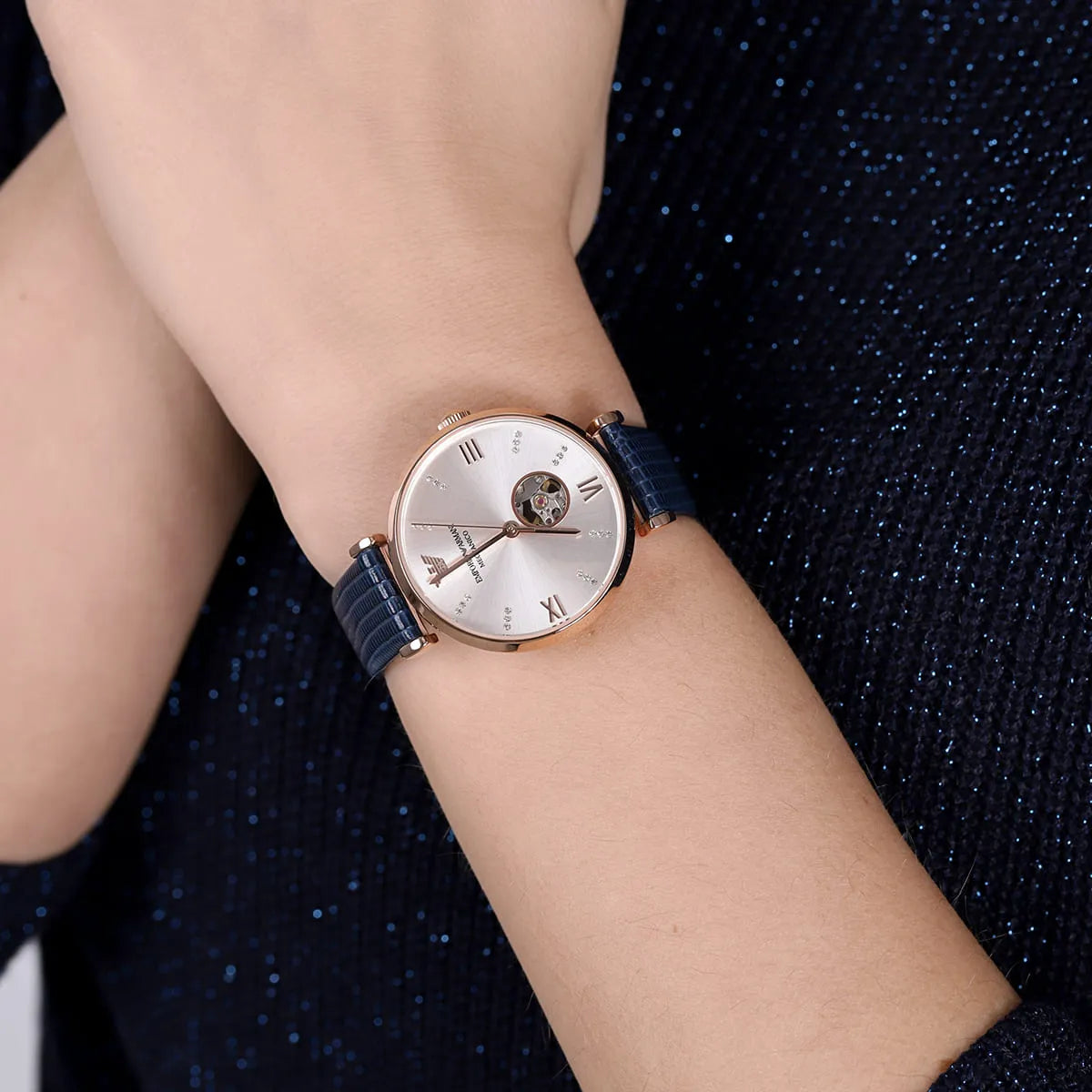 Emporio Armani Gianni T-Bar Analog Silver Dial Blue Leather Strap Watch For Women - AR60020