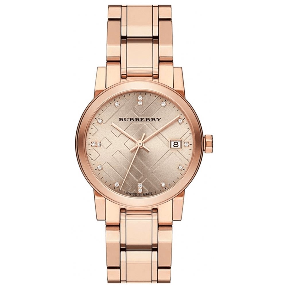 Burberry Ladies Watch Diamond 34mm Check Stamped Rose Gold PVD BU9126