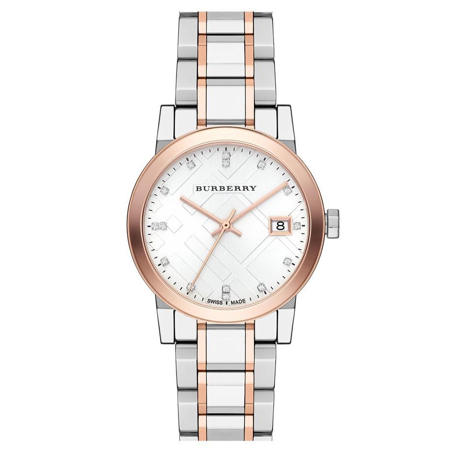 Burberry Ladies Watch Diamond Check Stamped 34mm Two Tone Rose Gold BU9127