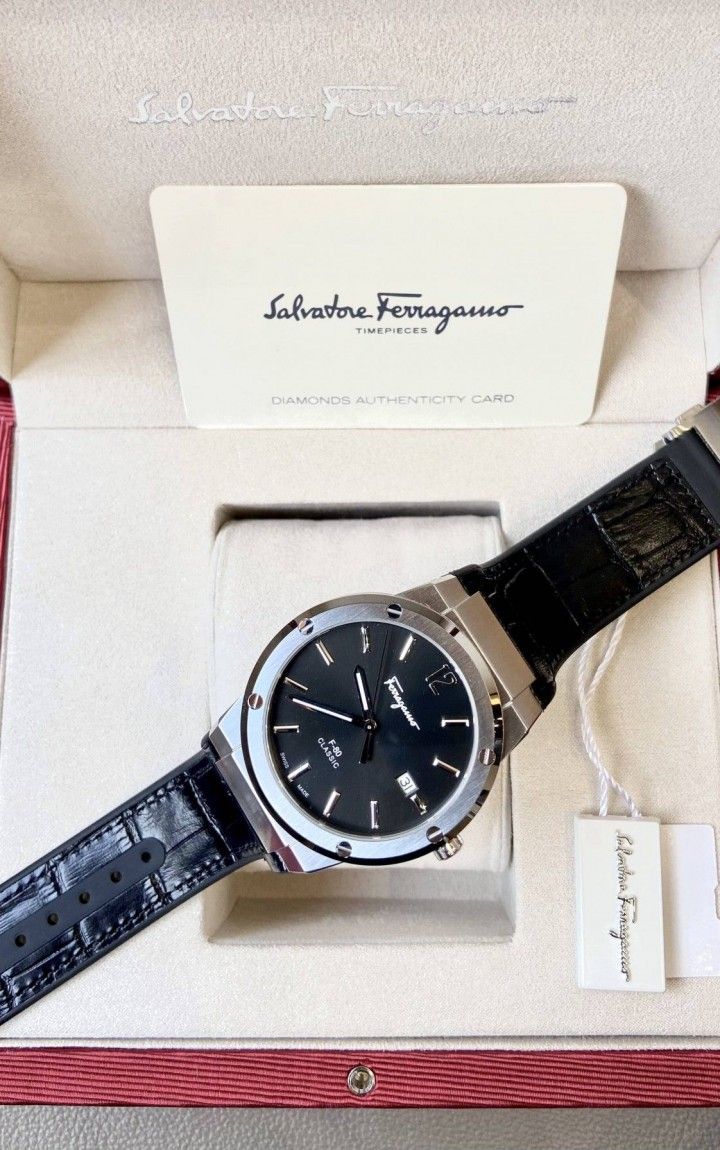 Salvatore Ferragamo F-80 Classic Black Dial Black Leather Strap Watch for Men - SFDT00619