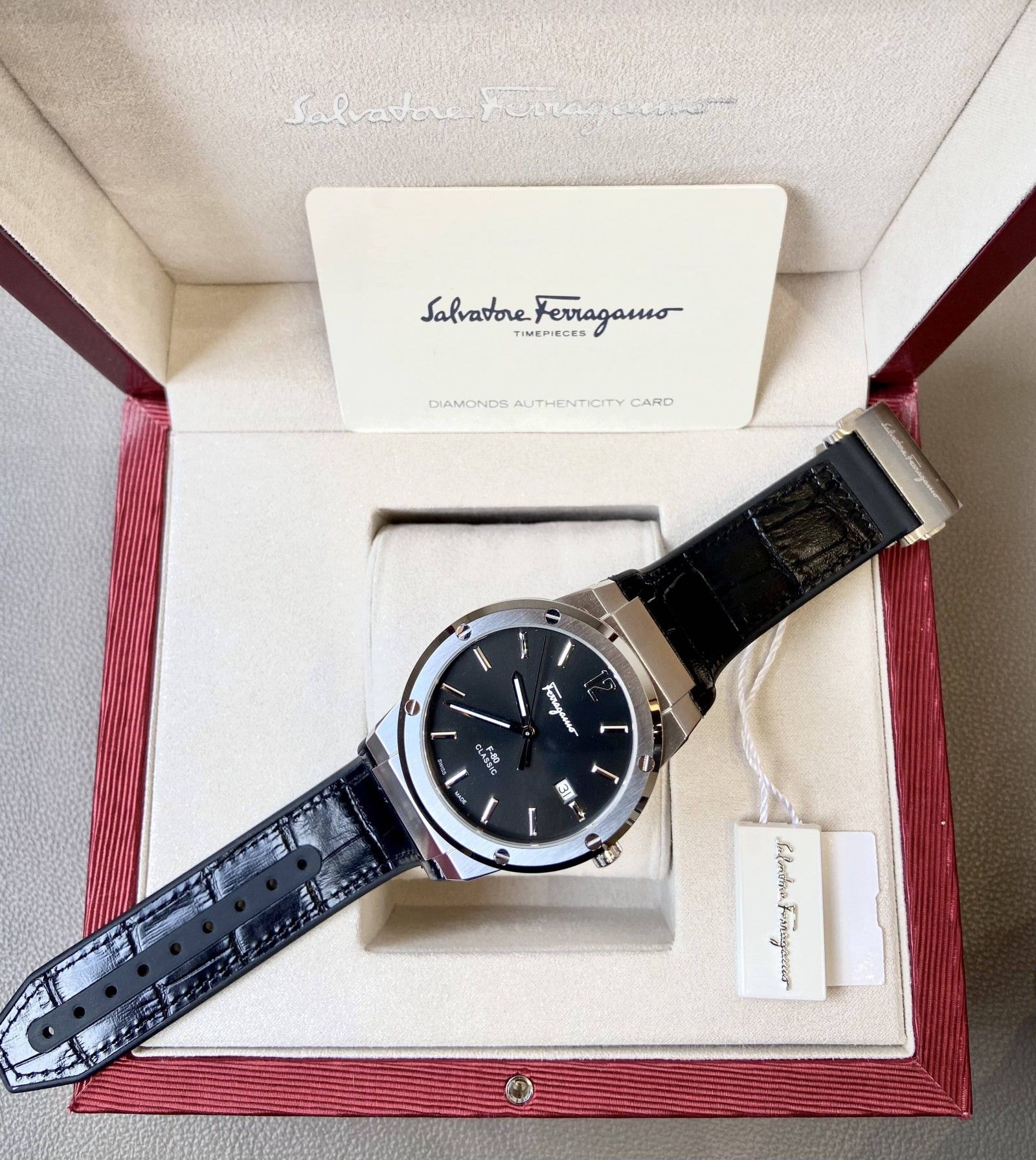 Salvatore Ferragamo F-80 Classic Black Dial Black Leather Strap  Watch for Men - SFDT00219