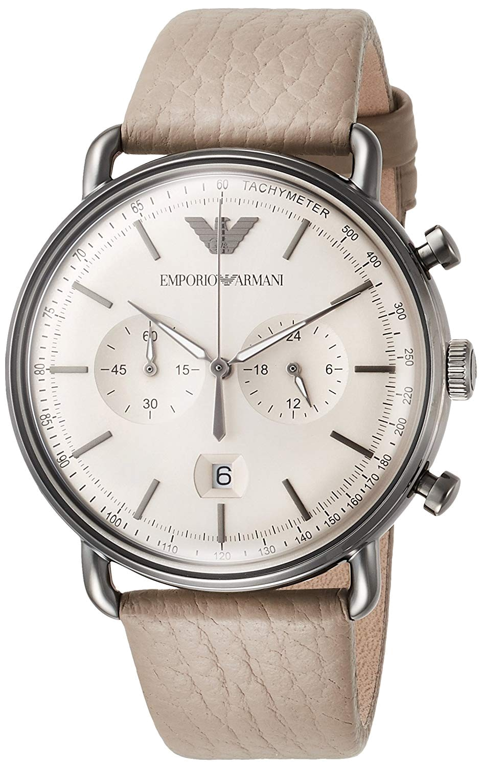 Emporio Armani Aviator Chronograph Quartz Grey Dial Beige Leather Strap Watch For Men - AR11107