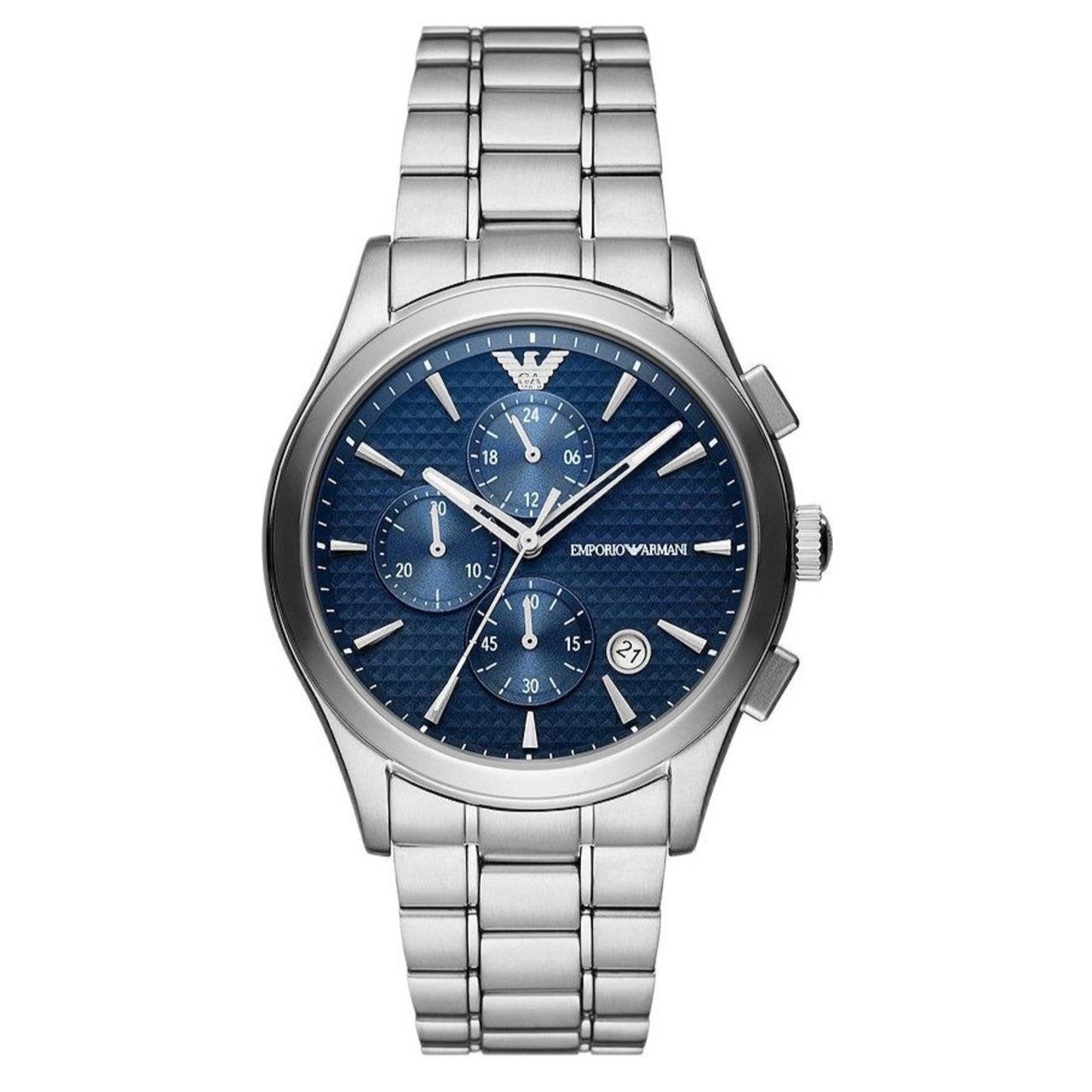 Emporio Armani Chronograph Blue Dial Silver Steel Strap Watch For Men - AR11528