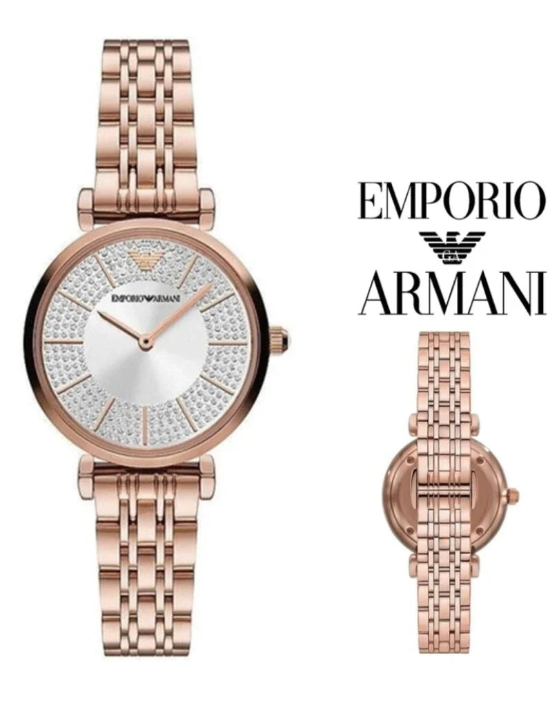 Emporio Armani Gianni T-Bar Crystals Silver Dial Rose Gold Steel Strap Watch For Women - AR11446