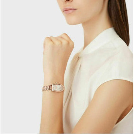 Emporio Armani Gianni T Bar Quartz Crystals White Dial Rose Gold Steel Strap Watch For Women - AR11406