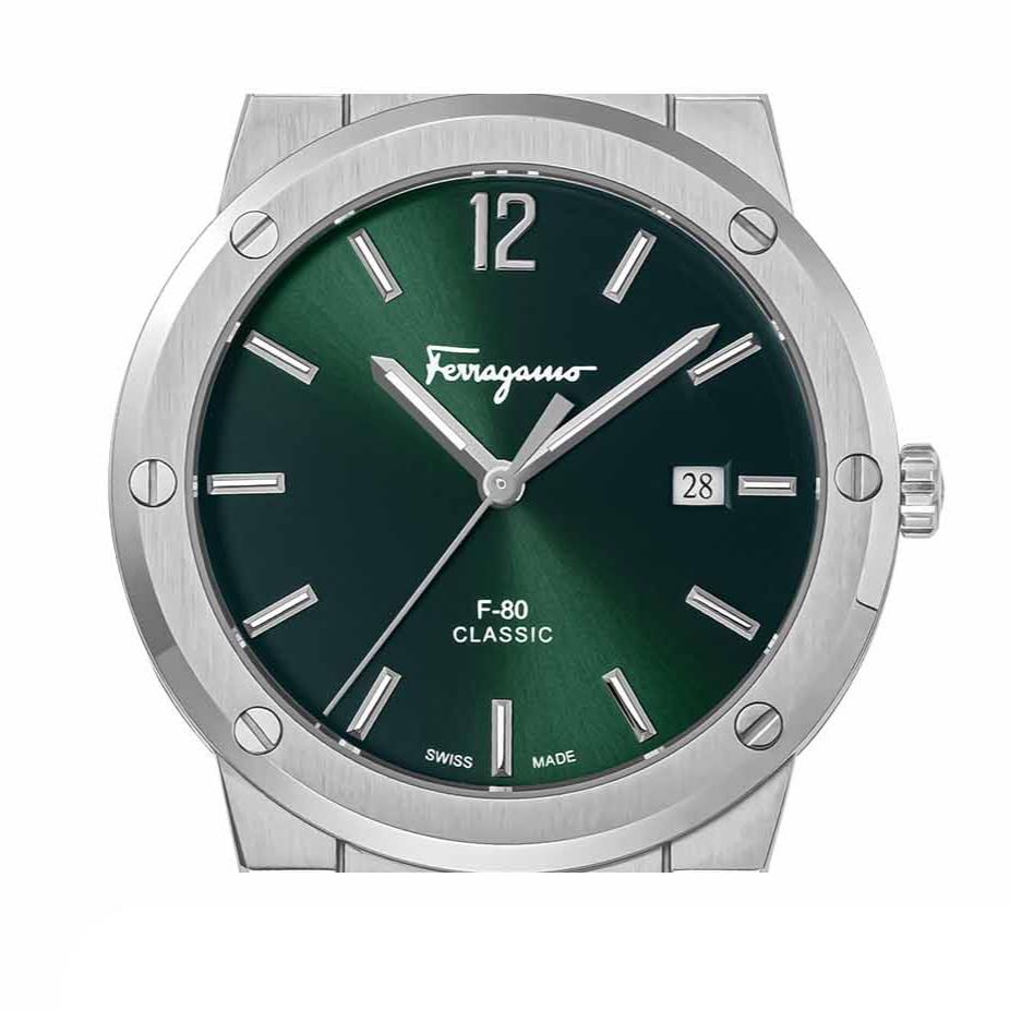 Salvatore Ferragamo F-80 Classic Green Dial Silver Steel Strap Watch for Men - SFDT02123