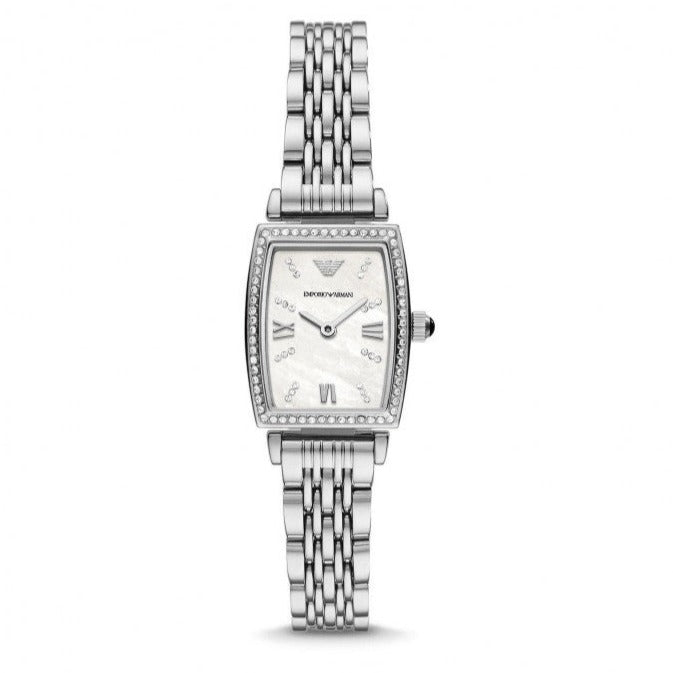 Emporio Armani Gianni T-Bar Quartz White Dial Silver Steel Strap Watch For Women - AR11405