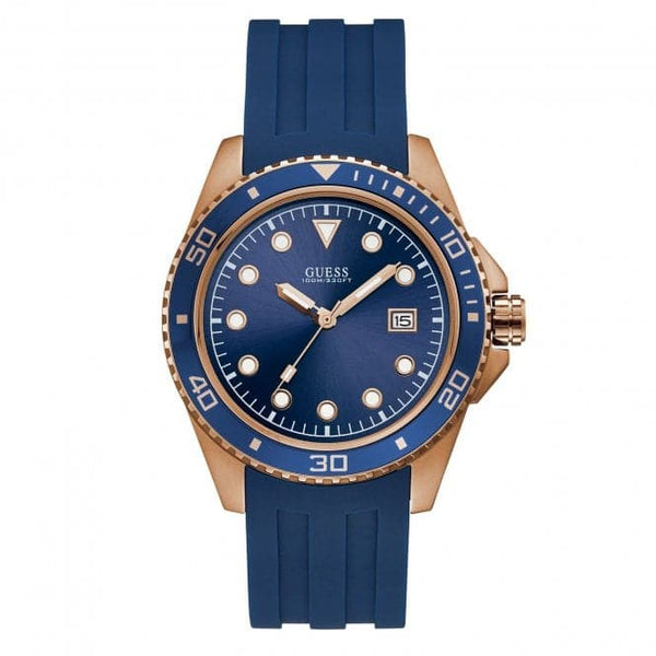Guess Gents Rose Gold Watch Blue Trim, Dial Strap W1109G3 – Watchlyx