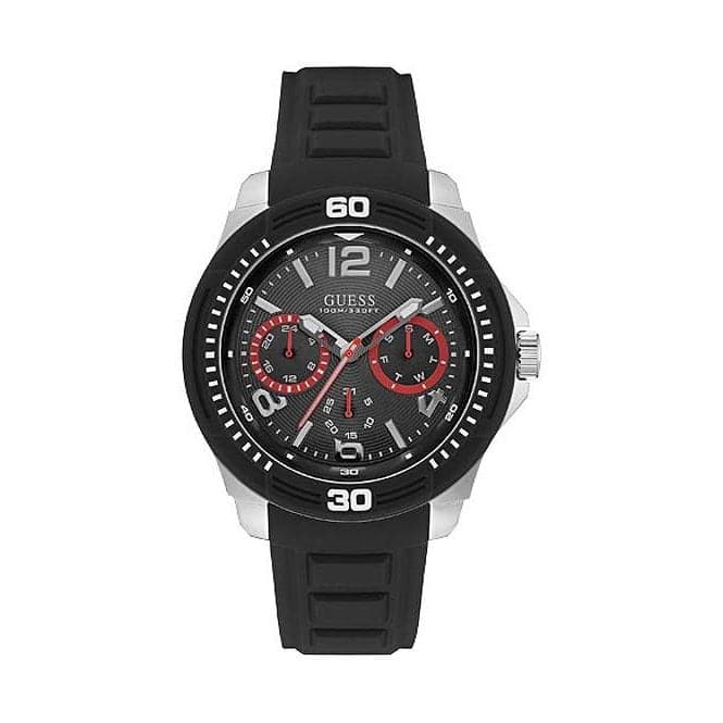 Guess Gents Silver Watch Black Multifunctional Dial And Black Silicone Strap W0967G1