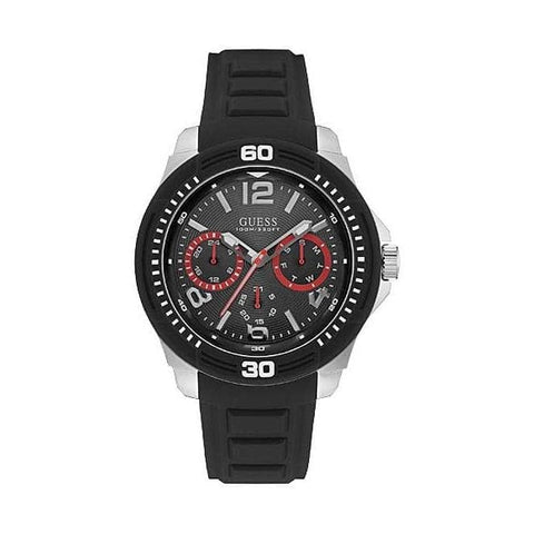 Guess Gents Silver Watch Black Multifunctional Dial And Black Silicone Strap W0967G1