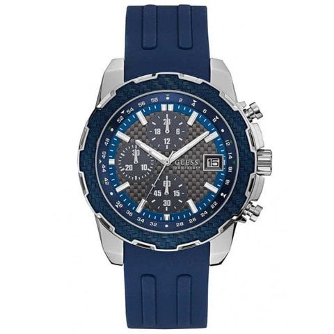 Guess Gents Silver Watch Blue Trim Grey Dial Blue Textured Silicone Strap   W1047G2