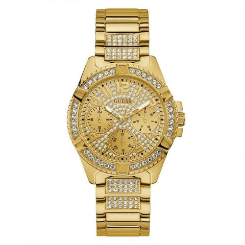 Guess Damen-Armbanduhr mit glitzerndem Zifferblatt und goldenen Kristallen W1156L2