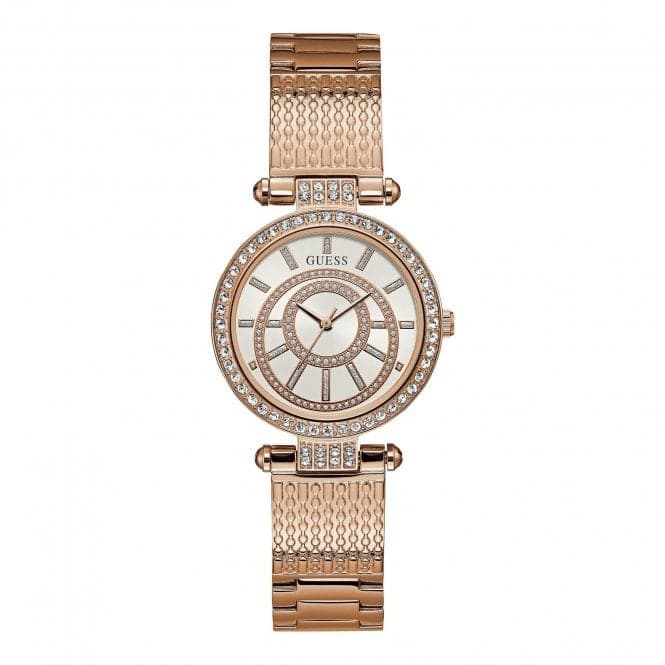 Guess Ladies Rose Gold Watch White Dial Rose Gold Textured Bracelet W1008L3