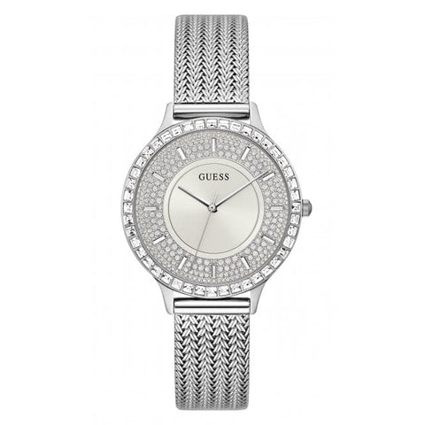 Guess Damen-Armbanduhr Soiree aus Edelstahl mit Mesh-Armband, Silber, GW0402L1