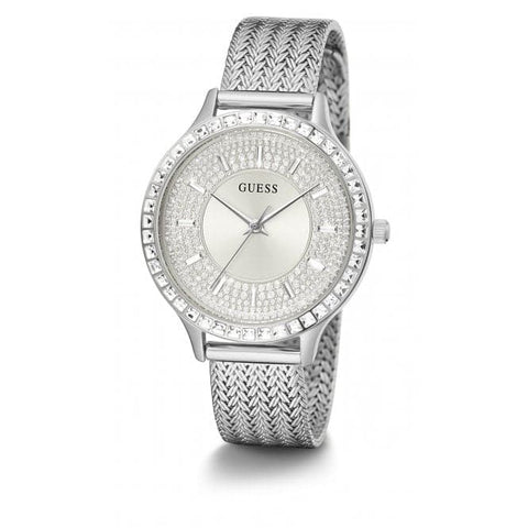 Guess Damen-Armbanduhr Soiree aus Edelstahl mit Mesh-Armband, Silber, GW0402L1