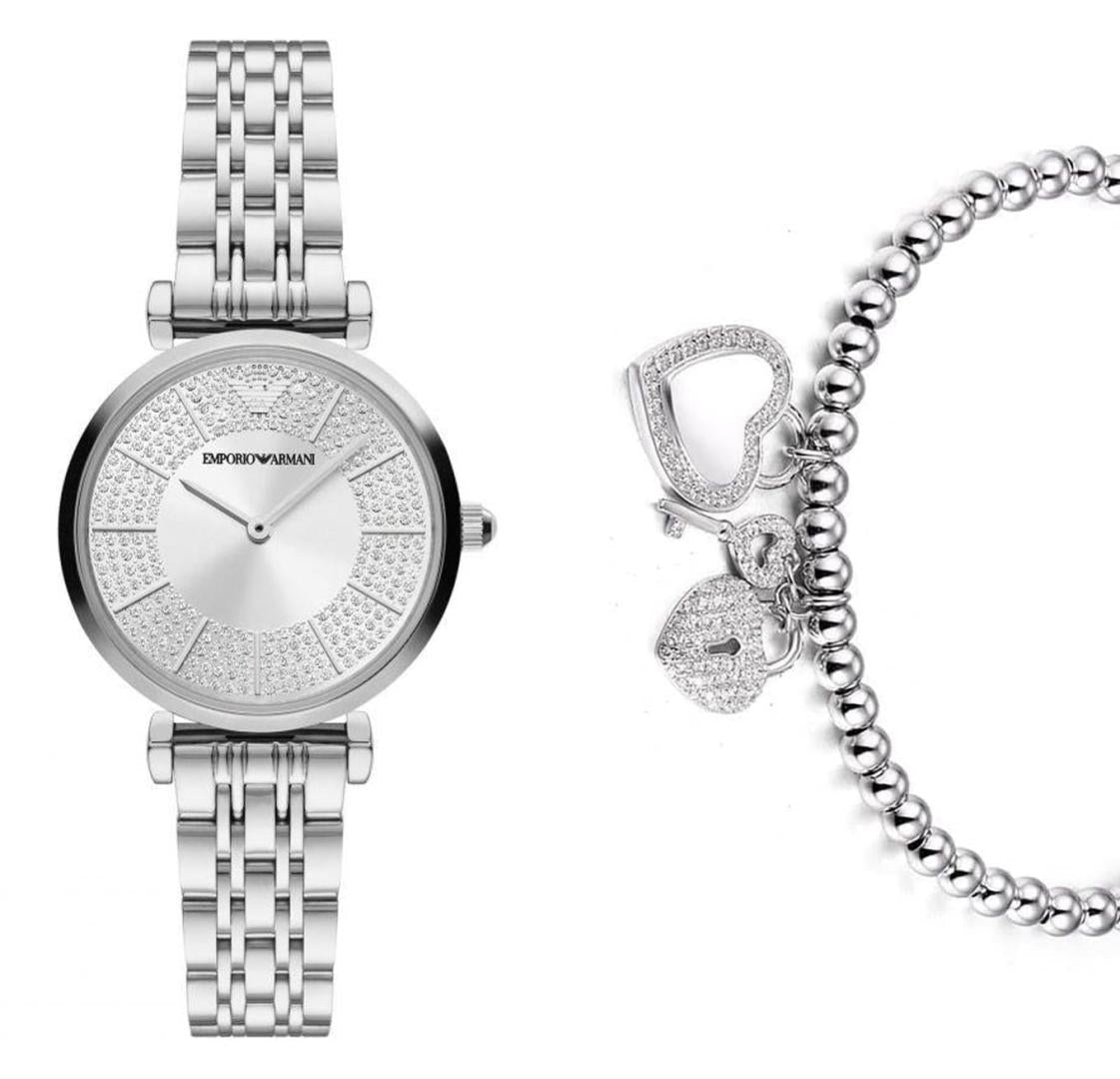 Emporio Armani Gianni T-Bar Quartz Silver Dial Silver Steel Strap Watch For Women - AR11445