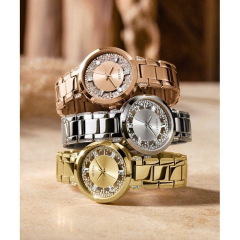 Orologio da donna in acciaio inossidabile color oro con cristalli trasparenti GW0470L2