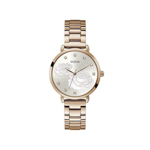 Orologio da donna Guess in oro rosa con stampa floreale in acciaio rosa scintillante GW0242L3