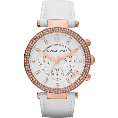 Michael Kors MK2281  Ladies Parker Rose Gold/White Leather Chronograph Watch