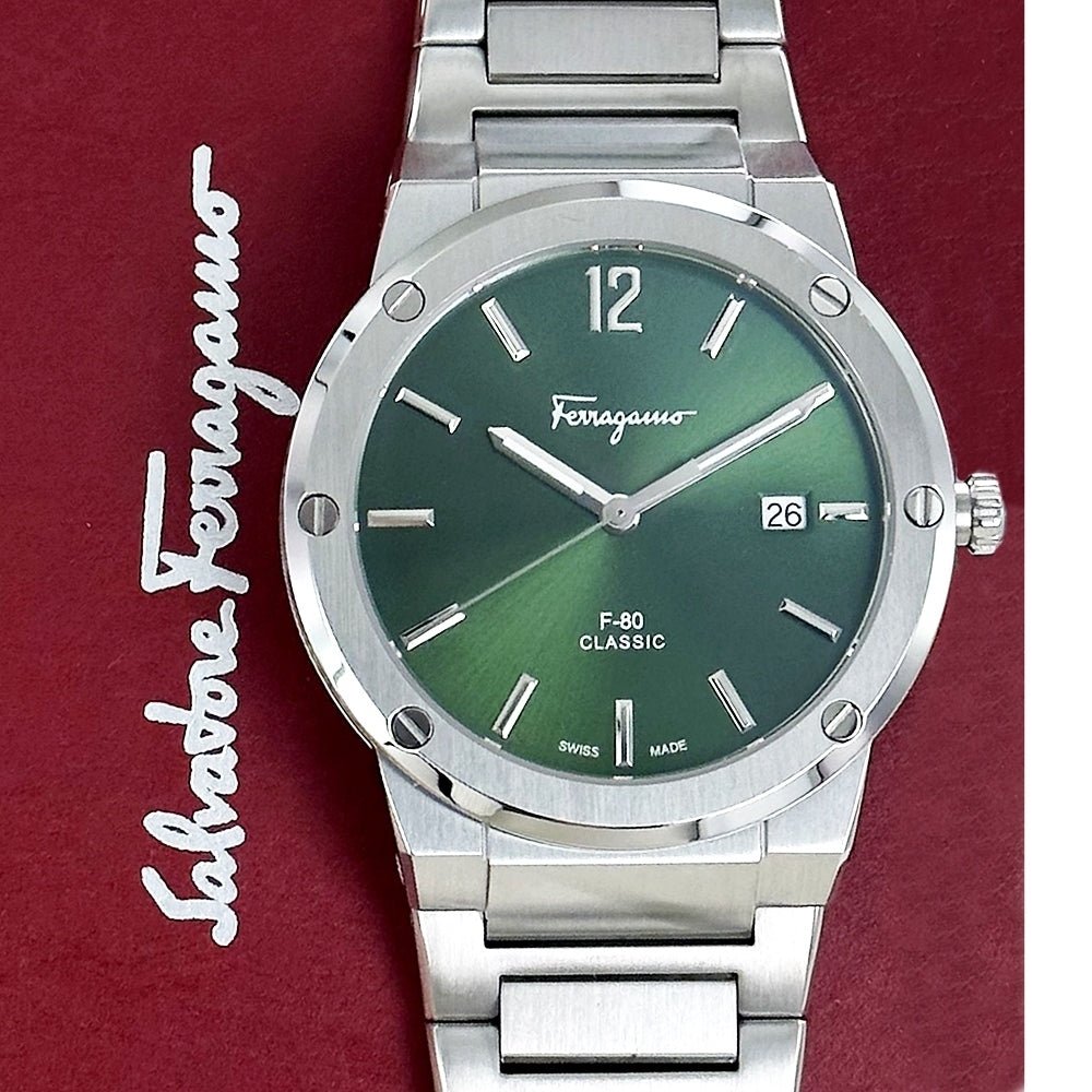 Salvatore Ferragamo F-80 Classic Green Dial Silver Steel Strap Watch for Men - SFDT02123