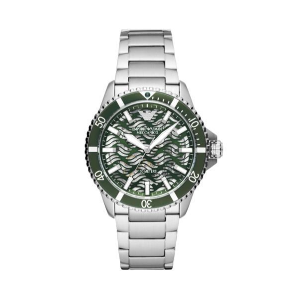 Emporio Armani Diver Automatic Green Dial Silver Steel Strap Watch For Men - AR60061