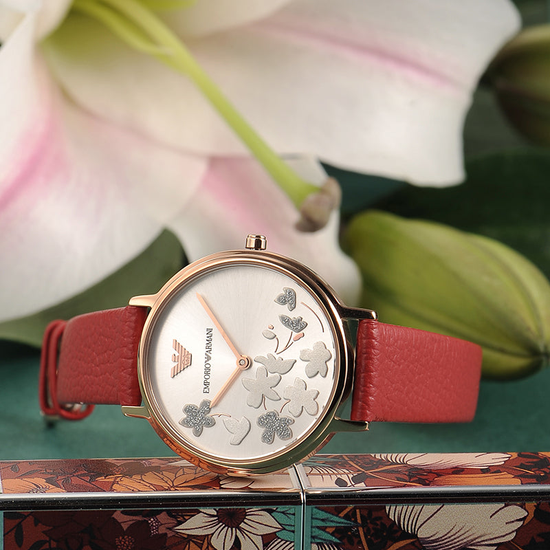 Emporio Armani Kappa Classic Quartz Silver Dial Red Leather Strap Watch For Women - AR11114